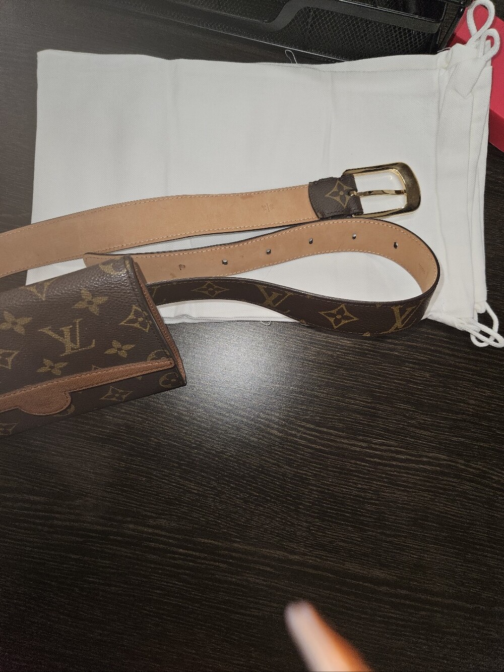 Louis Vuitton Monogram Canvas Belt Bag in Brown and Tan with Gold Buckle